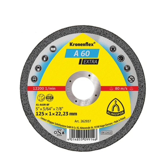 Disc de debitare Kronenflex A60 Extra pentru inox si metal universal, cu bavuri reduse, 125x1x22.23 mm, Klingspor A60125