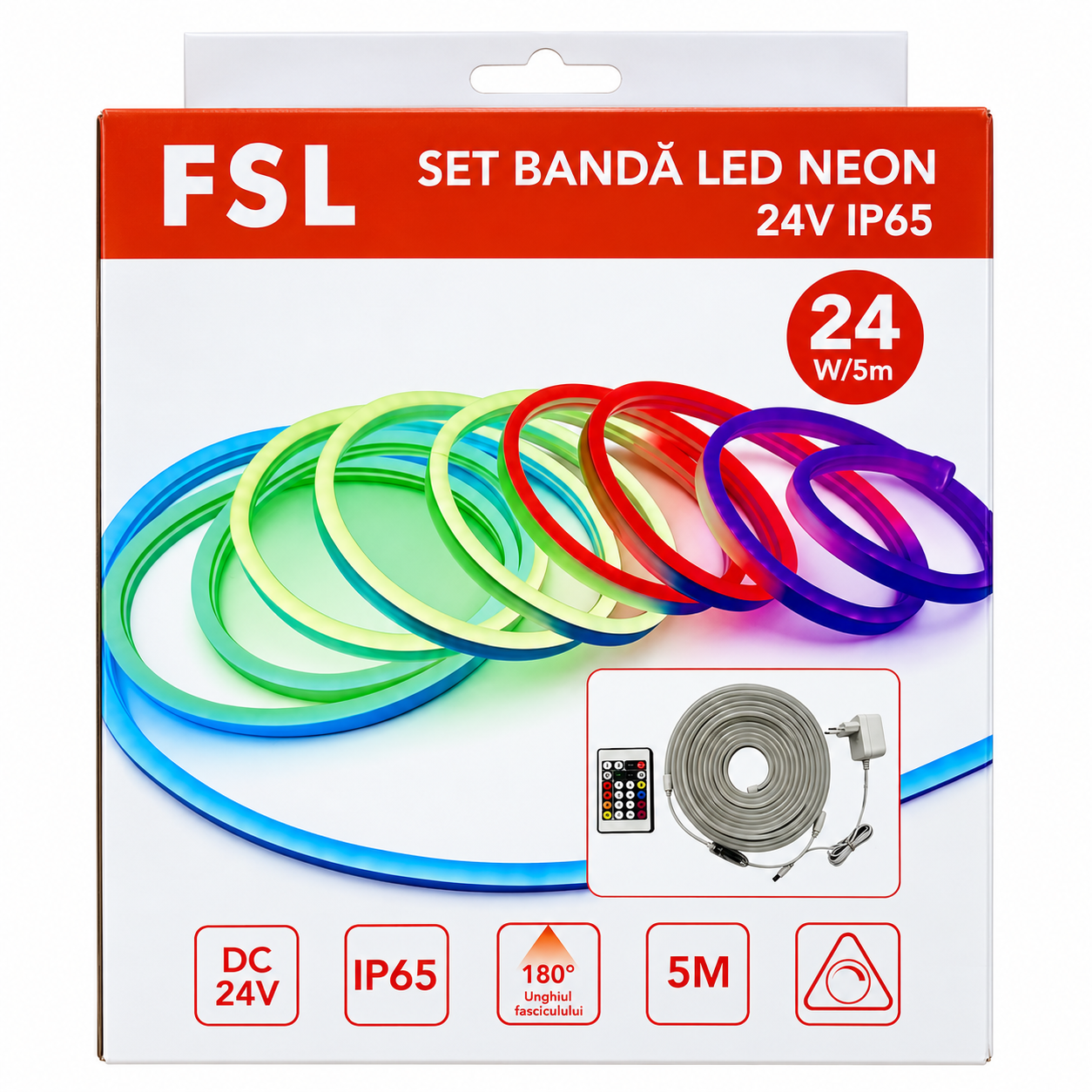 Set banda LED neon FSL RGBIC, 5 m, 24W, 24V, IP65, cu telecomanda si adaptor