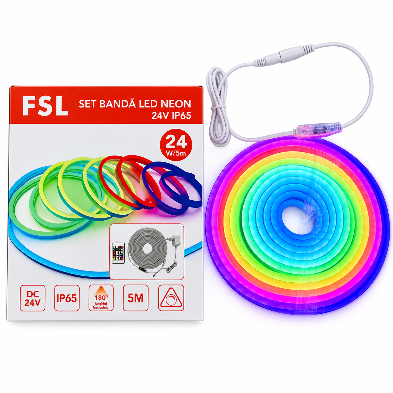 Set banda LED neon FSL RGBIC, 5 m, 24W, 24V, IP65, cu telecomanda si adaptor