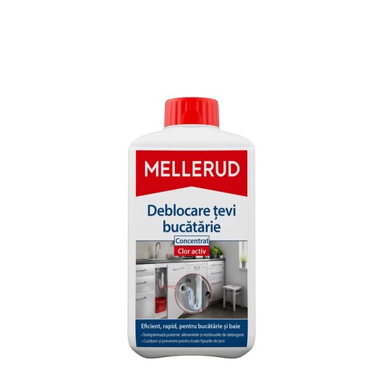 Soluție concentrată pentru deblocarea țevilor din bucătărie, cu clor activ, MELLERUD, 1L