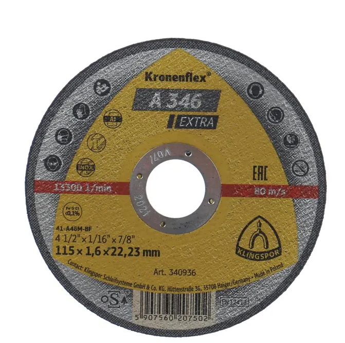 Disc de debitare Kronenflex A346 Extra pentru inox si otel, 115X1.6X22.23 mm, Klingspor A346115