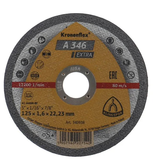 Disc de debitare Kronenflex A346 Extra pentru inox si otel, 125X1.6X22.23 mm, Klingspor A346125