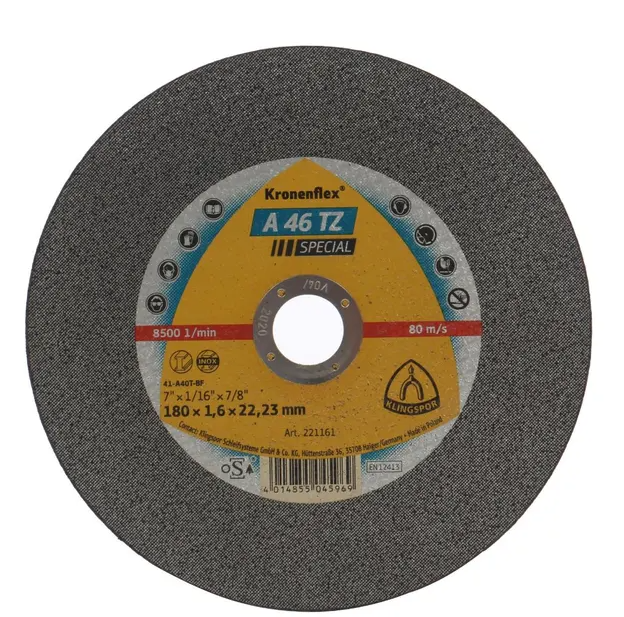 Disc de debitare Kronenflex A46 TZ Special pentru inox si otel, cu autoascutire, 180X1.6X22.23 mm, Klingspor A4618