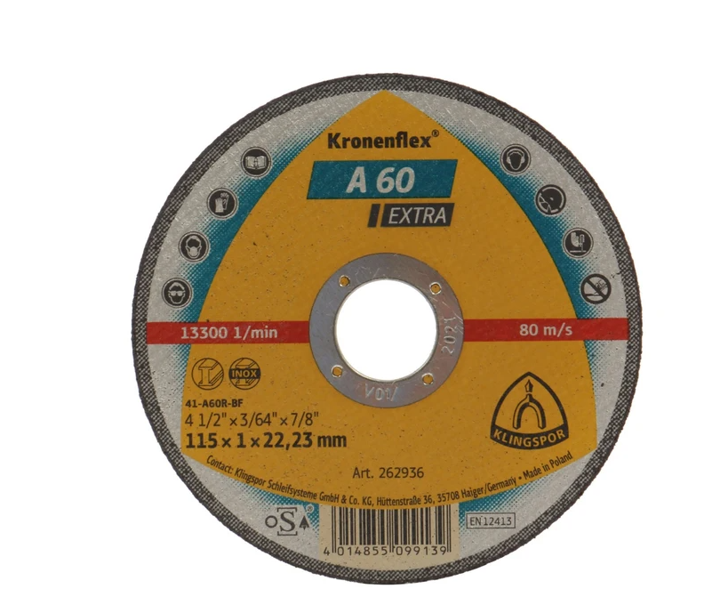 Disc de debitare Kronenflex A60 Extra pentru inox si metal universal, cu bavuri reduse, 115X1X22.23 mm, Klingspor A60115