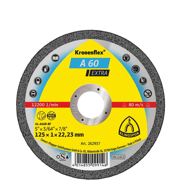 Disc de debitare Kronenflex A60 Extra pentru inox si metal universal, cu bavuri reduse, 125X1X22.23 mm, Klingspor A60125